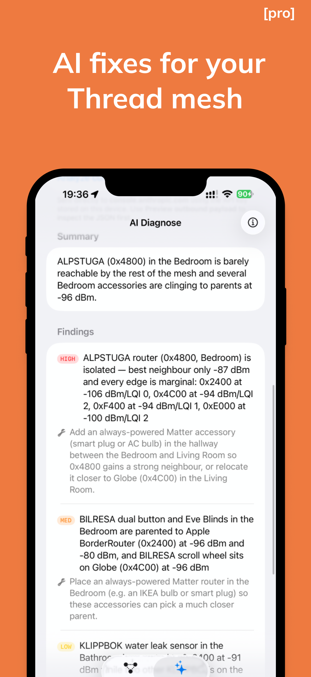 AI Diagnose screen with a one-sentence summary and several findings — including a HIGH-severity finding for an isolated router — each citing the exact RSSI values and accessory names involved
