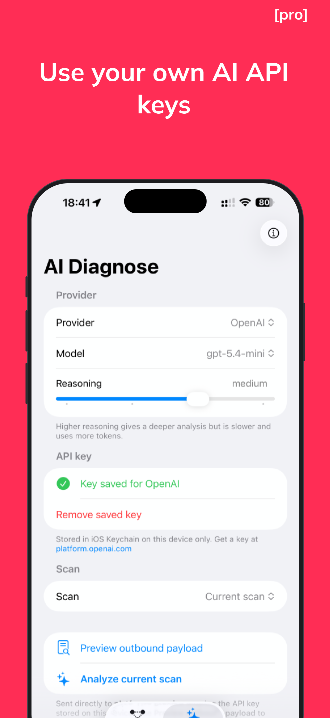 App screenshot headed “Use your own AI API keys” showing the AI Diagnose settings — provider and model pickers, a reasoning-effort slider, and a bring-your-own-key field noting the key is stored only in the iOS Keychain on this device.