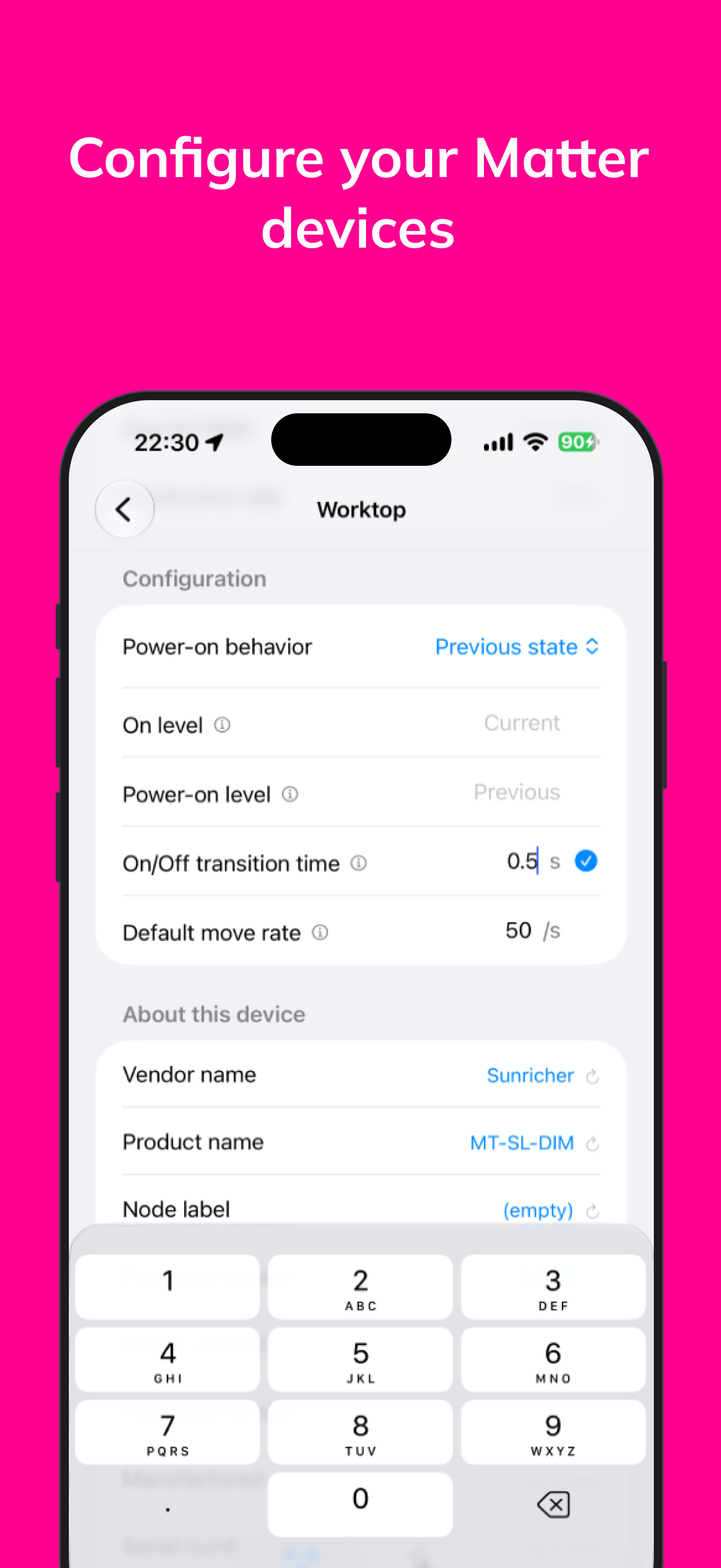 App screenshot headed “Configure your Matter devices” showing a dimmer's Configuration section — power-on behavior set to Previous state, on level, power-on level, an On/Off transition time being typed on the numeric keypad, default move rate, and About this device rows with the vendor and product names.