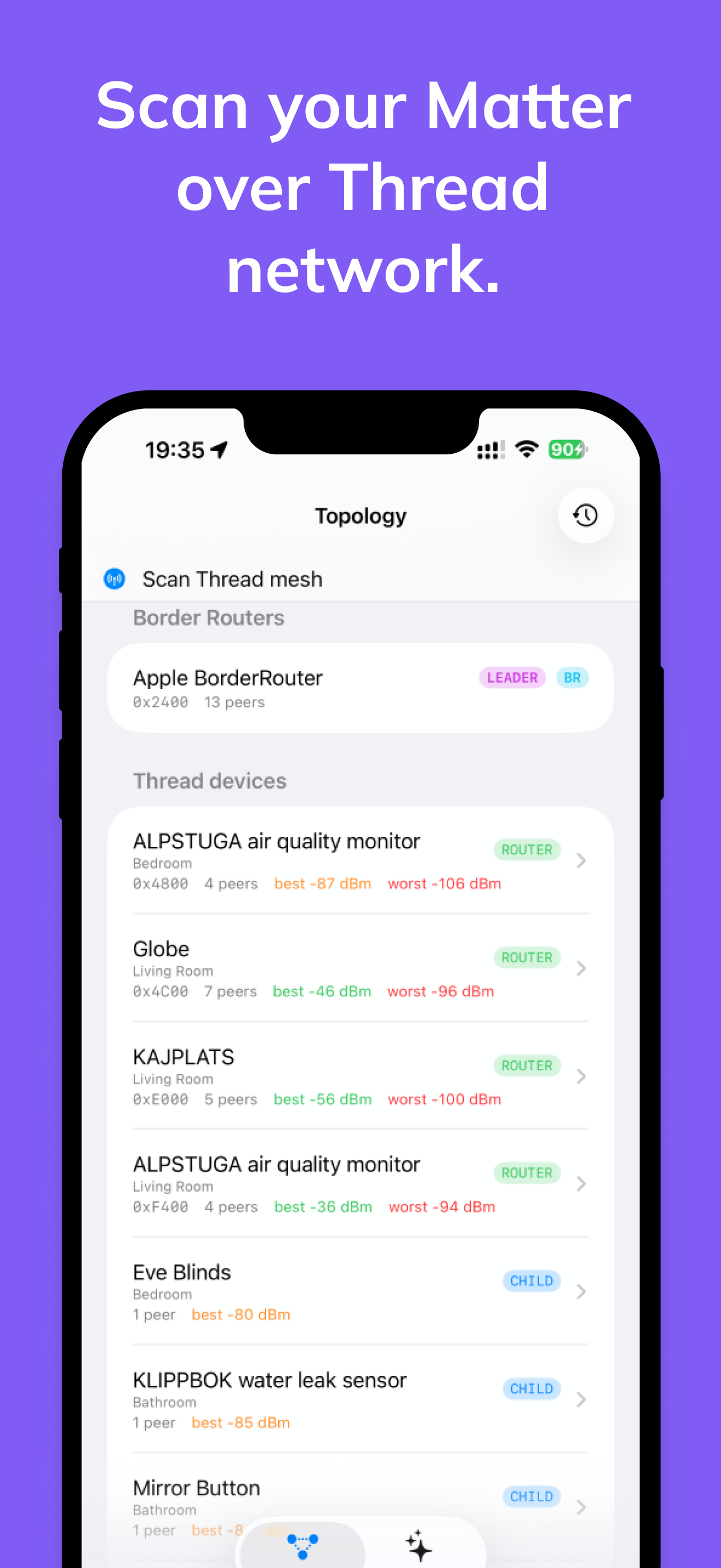 Topology screen with a Border Routers section showing Apple BorderRouter tagged as the Thread Leader, followed by a Thread devices list with router and child role badges and best/worst RSSI values