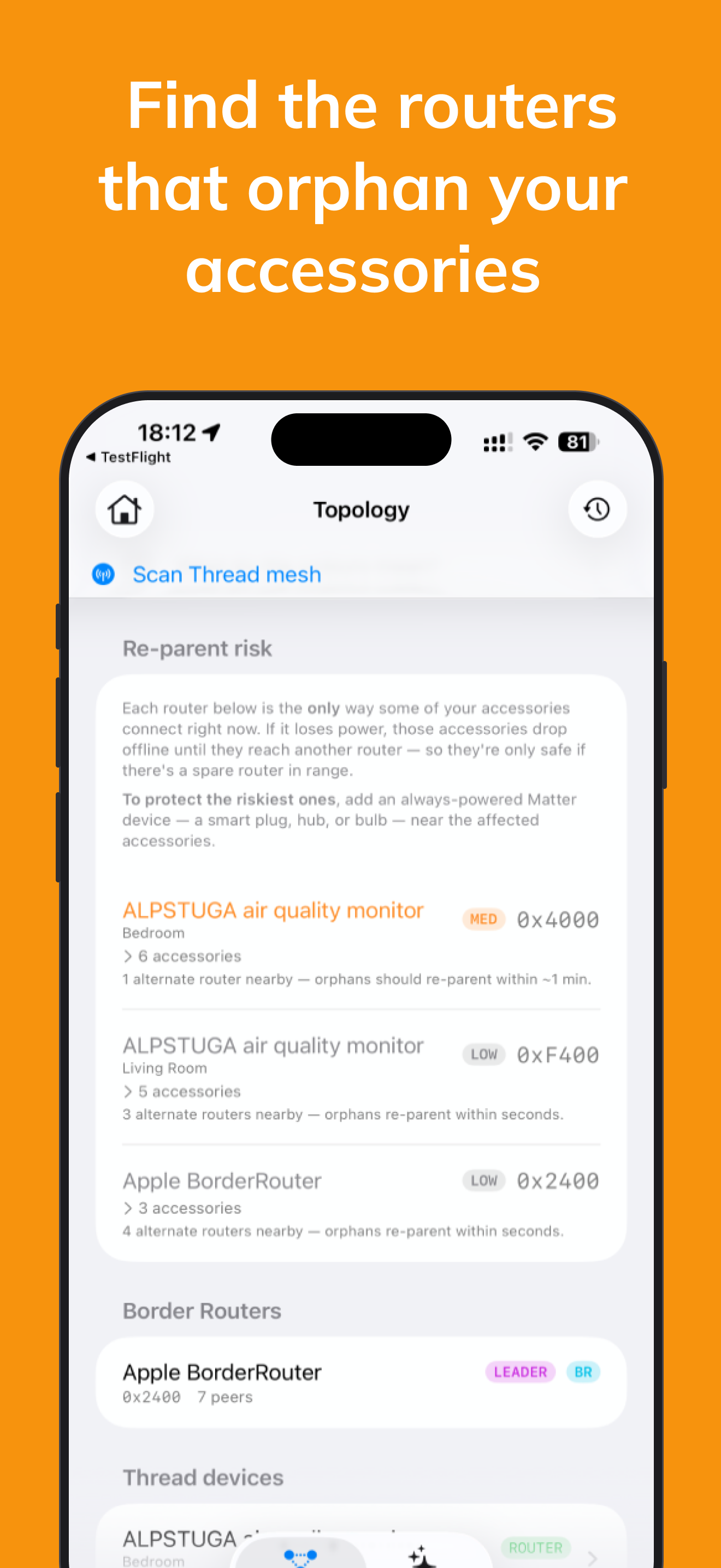 App screenshot headed “Find the routers that orphan your accessories” showing the Re-parent risk screen — routers graded medium and low by how dangerous their loss would be, each listing how many accessories depend on it and how quickly orphans would re-parent.